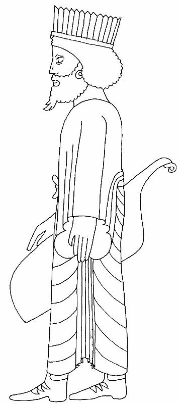 Goryt, Dolch, Zackenkrone (Persep.)T5A1.jpg - Auffällig ist hier, dass zum Schreitgewand auch die 'medischen' Reiterwaffen getragen werden konnten, hier der kleine Köcher (Goryt) für zwei Sigmabogen plus Pfeile. Dies könnte darauf hinweisen, dass das Gewand (in geschürzter Form) auch in der Reiterei eingesetzt werden konnte.
